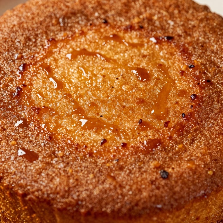 Extreme close-up of a golden-brown cassava cake topping, highlighting the caramelized texture with warm brown tones.