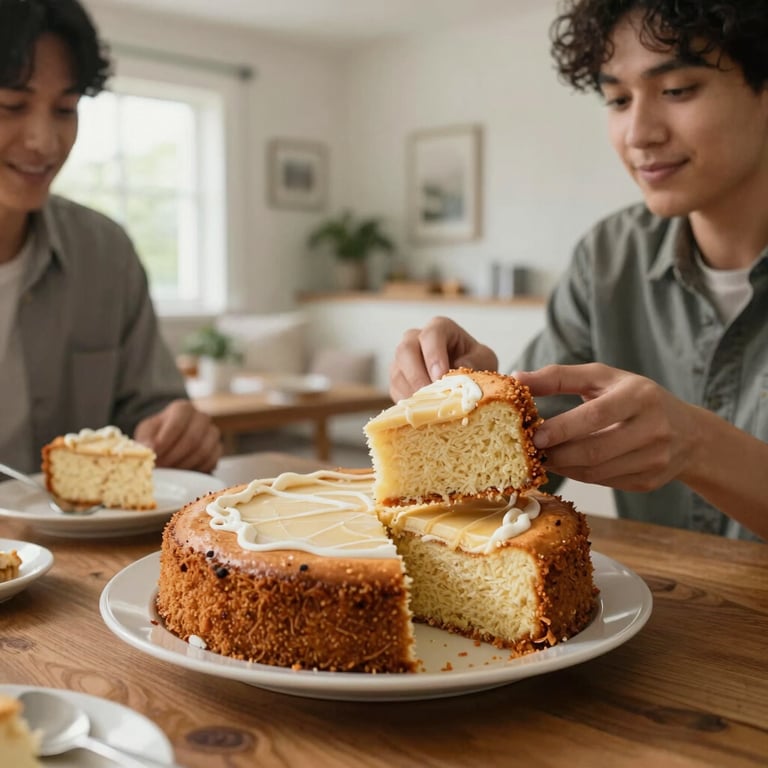 Lifestyle shot of two people in a bright, modern North American dining room enjoying slices of cassava cake.