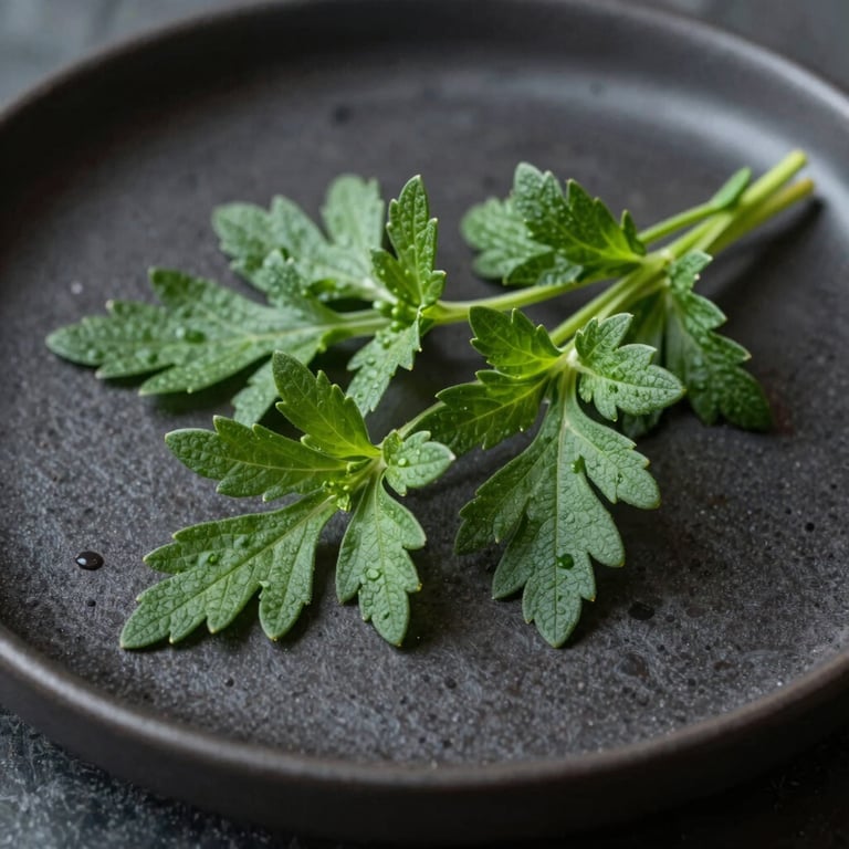 Macro shot of fresh Matte Forest Green herbs on a dark charcoal ceramic plate, high-contrast and sophisticated.