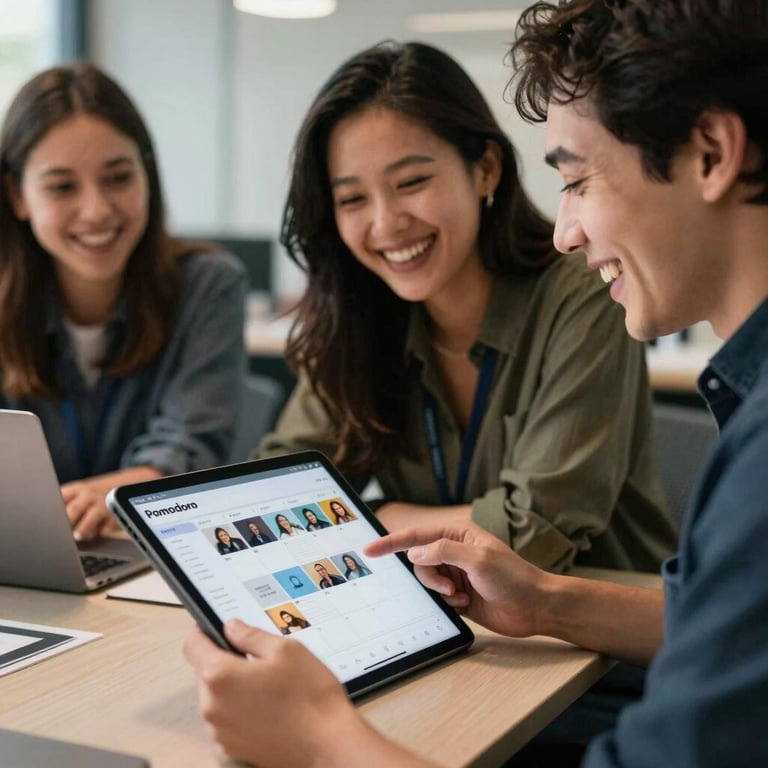 A creative team at Pomodoro agency laughing while looking at a social media content calendar on a tablet.