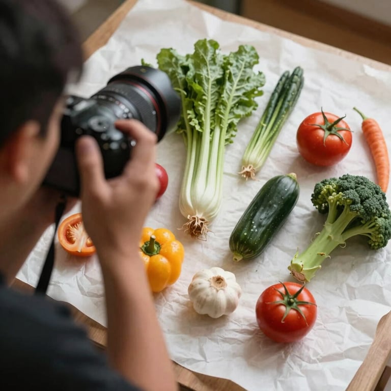 Behind-the-scenes shot of a photographer capturing a flat-lay of organic vegetables on a Crisp Parchment background.