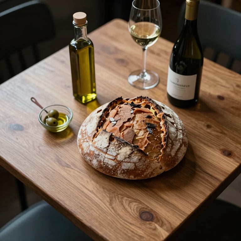 An overhead shot of a cozy restaurant table featuring artisanal bread, olive oil, and wine in a Scandinavian-style setting.