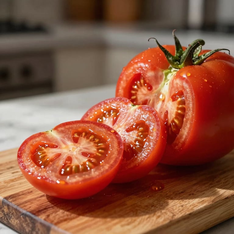 A close-up photograph of a vibrant Deep Ripe Crimson tomato being sliced on a rustic wooden board in a sunlit North American kitchen.
