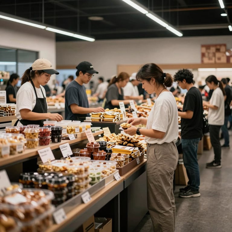 A North American modern food market scene with vendors in minimalist attire and artisanal product displays.