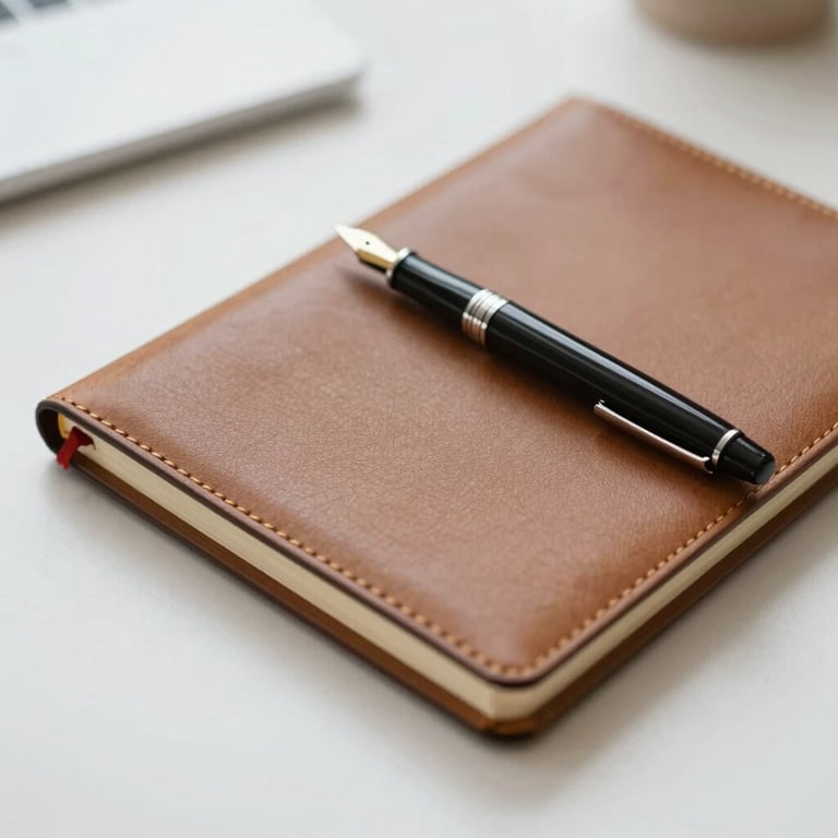 A clean workspace featuring a leather notebook and a high-end fountain pen, symbolizing professional observations.