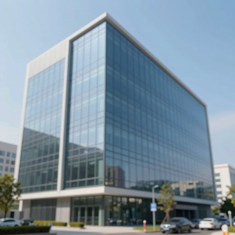 Modern medical architecture with large glass panels reflecting a clear blue sky, evoking a sense of growth and health.