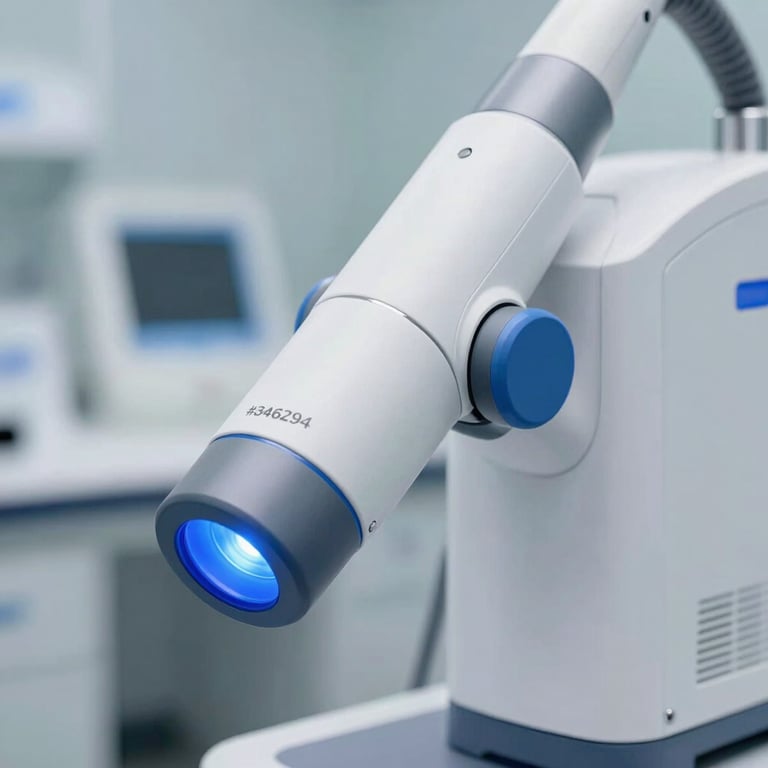 Close-up of a high-tech medical laser device with #346294 blue light accents in a modern laboratory.