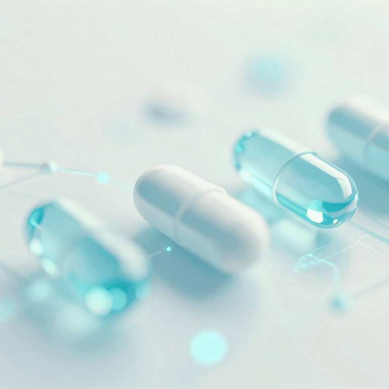 A macro shot of a sleek pharmaceutical blister pack resting on a polished glass surface with #A0C4E2 light reflections.