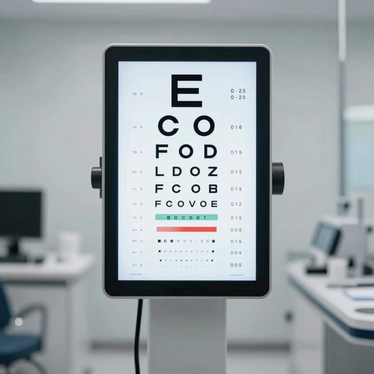 A minimalist eye-exam chart displayed on a high-definition digital screen in a professional clinic setting.