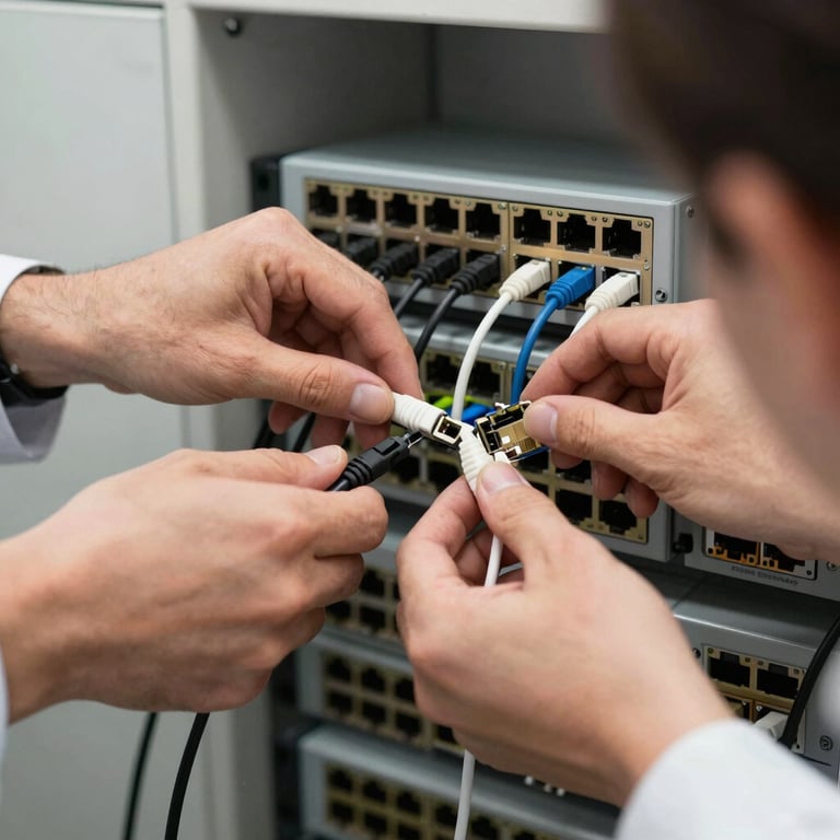 Primer plano de manos de un técnico profesional conectando un cable Ethernet en un panel de parcheo de red, iluminación clara y natural de oficina, enfoque preciso.