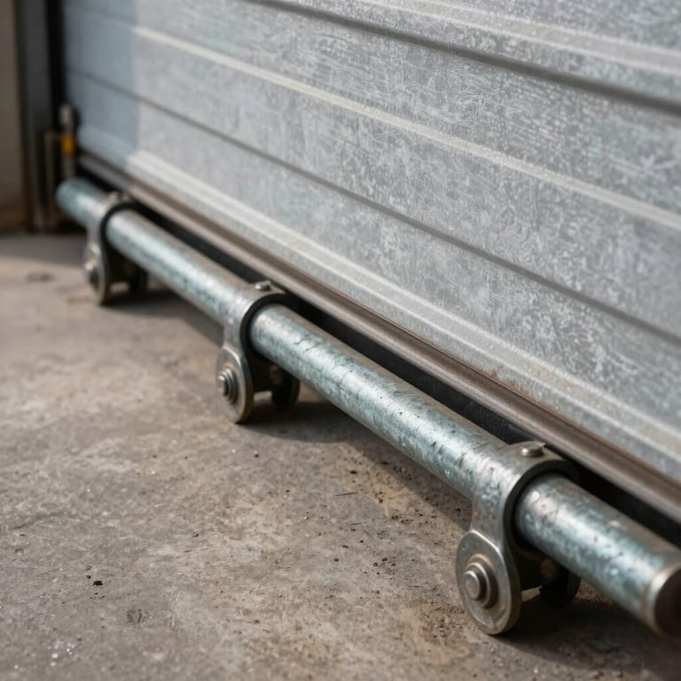 Close-up of weathered steel garage door tracks and heavy-duty steel rollers, industrial grit, natural light spilling from the side