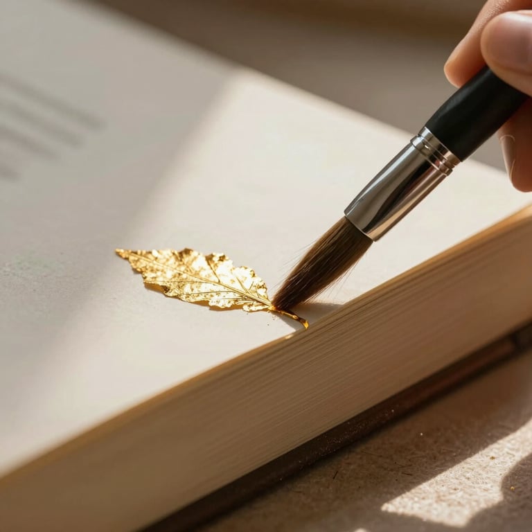 Macro shot of gold leaf being delicately applied to the edge of a book with a fine brush, warm dust motes in directional light.