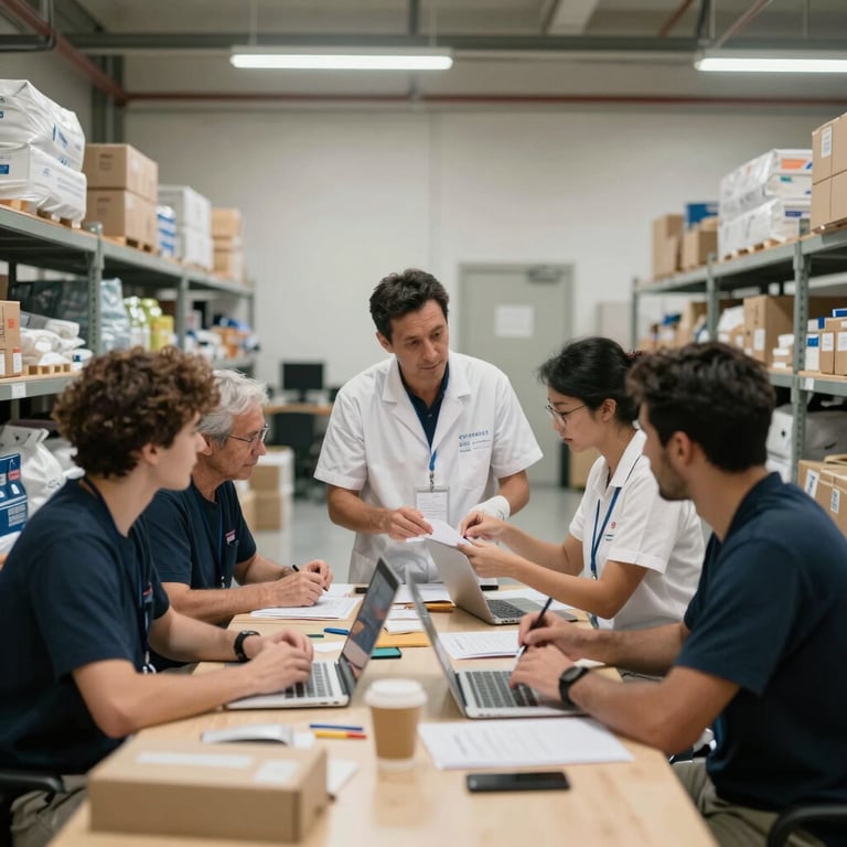Professional humanitarian response workers coordinating in a clean, organized logistics facility, representing strategic expertise and social services.