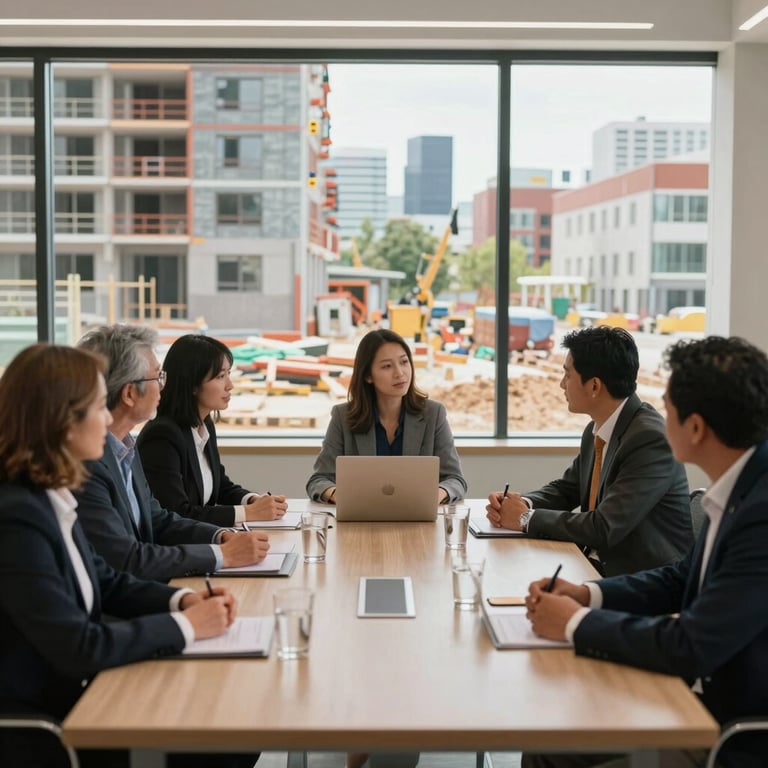 A collaborative meeting between professionals at a modern urban development site, representing community and partnership development, North American / International setting.