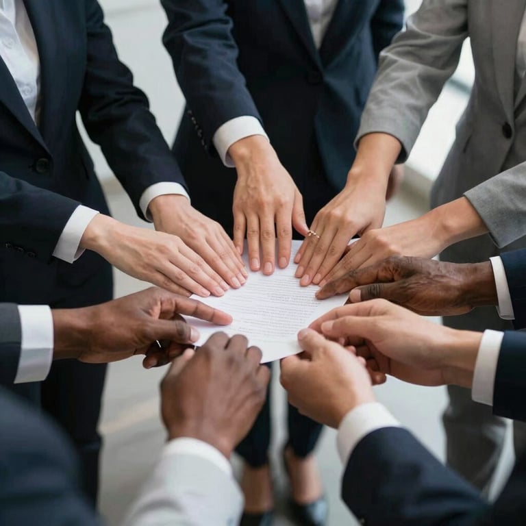 Hands of diverse professionals joining over a document, symbolizing trust, partnership, and strategic consulting, North American / International business attire.