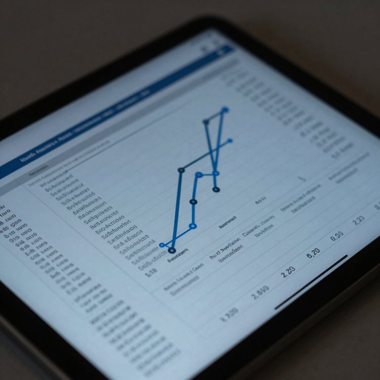 A close-up of a digital tablet showing analytical data in a professional setting, featuring dark blue and steel blue accents, North American / International context.