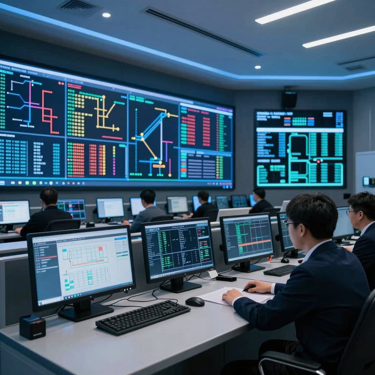 A high-tech control center with multiple screens showing logistics data, representing operational support and tech-forward solutions, cool blue lighting.