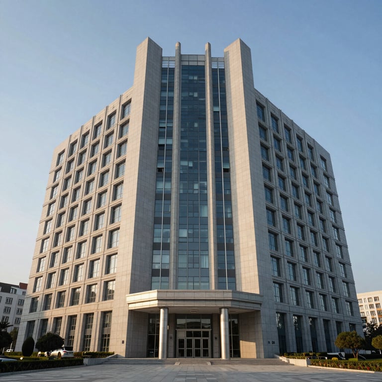 An architectural shot of a modern government building, symbolizing public-private initiatives and international cooperation, sophisticated and polished.