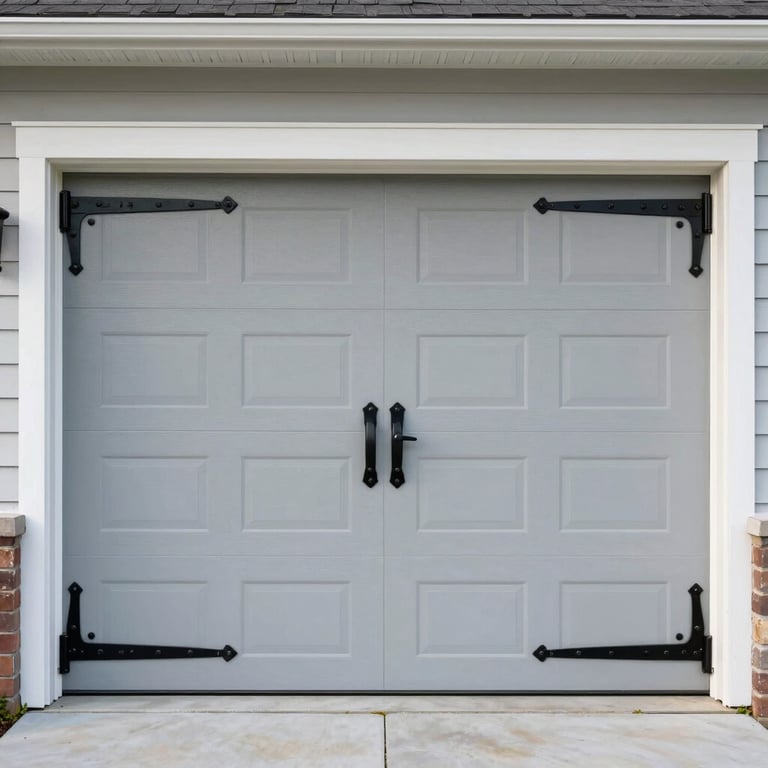 Carriage-style garage door with decorative black iron hinges and handles on a light gray house.