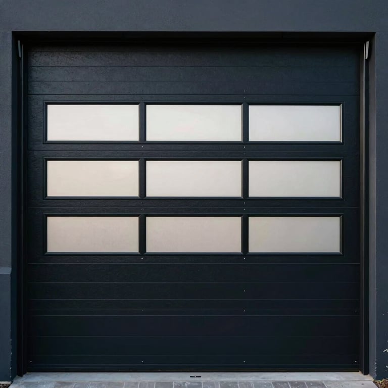 A sleek, contemporary black aluminum garage door with horizontal frosted glass windows.