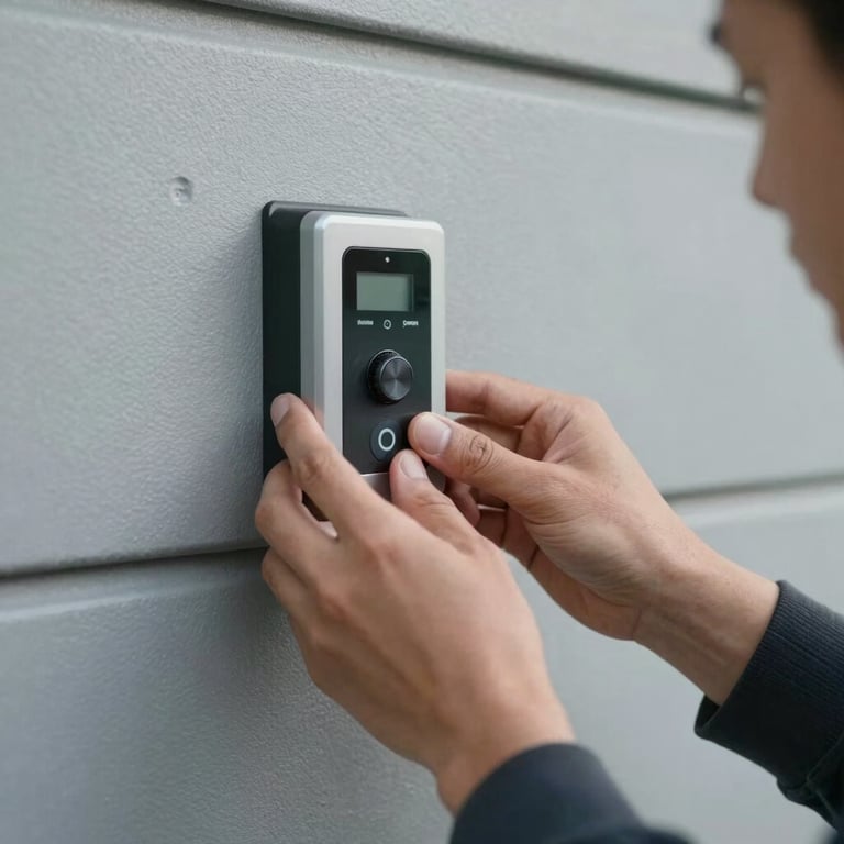 Close-up of a technician's hand adjusting a modern garage door wall-mounted control panel.