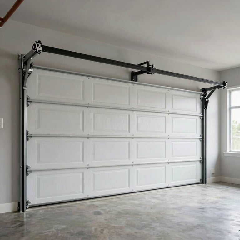 Wide shot of a clean, organized residential garage with a new high-lift door track installed.