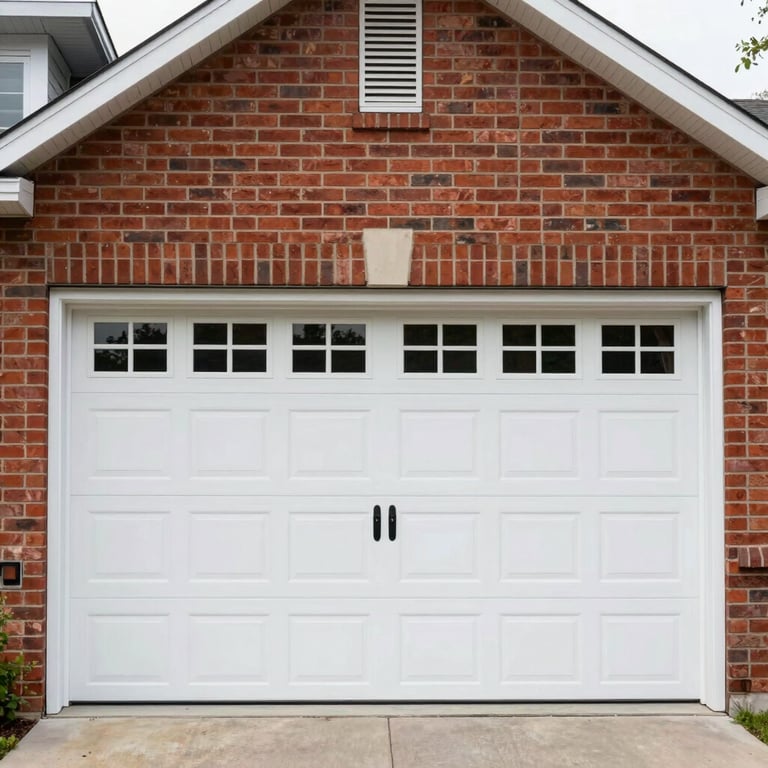 A classic white paneled double garage door on a red brick North American / Canadian suburban home.