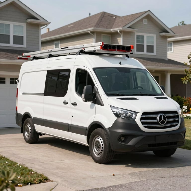 A professional service van with a ladder rack parked in a residential driveway in Orangeville.