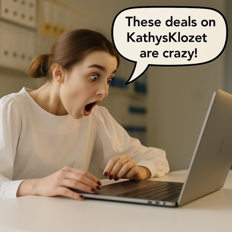 Surprised woman using laptop to find crazy online shopping deals at KathysKlozet.