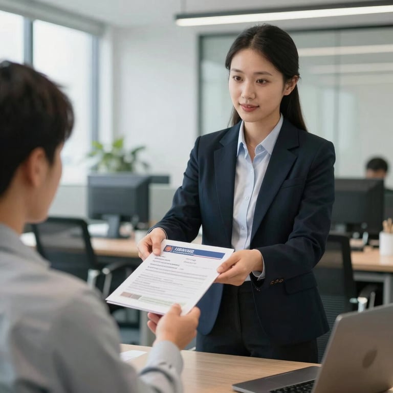 A professional modern workplace with an HR manager handing over visa documents to a new employee, representing government relations and workforce solutions. Sharp focus, clean corporate office background.