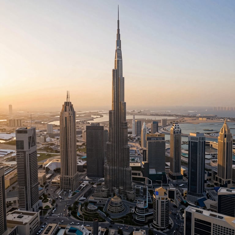 An aerial view of the bustling modern financial district in Dubai, featuring iconic skyscrapers under warm sunset light, conveying business growth and commercial opportunities.
