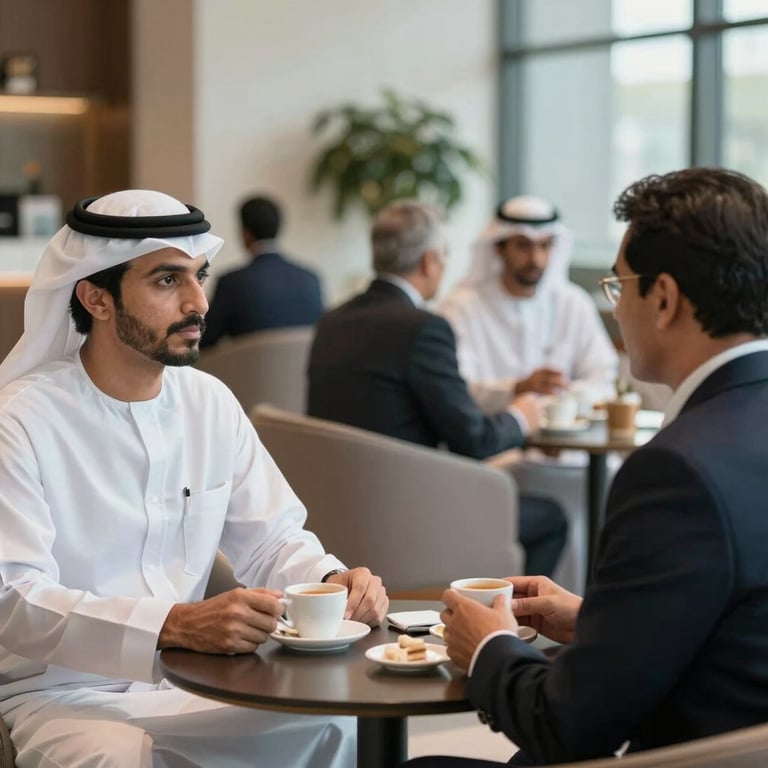 An elegant corporate lounge where international investors converse over coffee, embodying the transition of businesses entering the UAE market. Sophisticated, authoritative vibe, soft background blur.