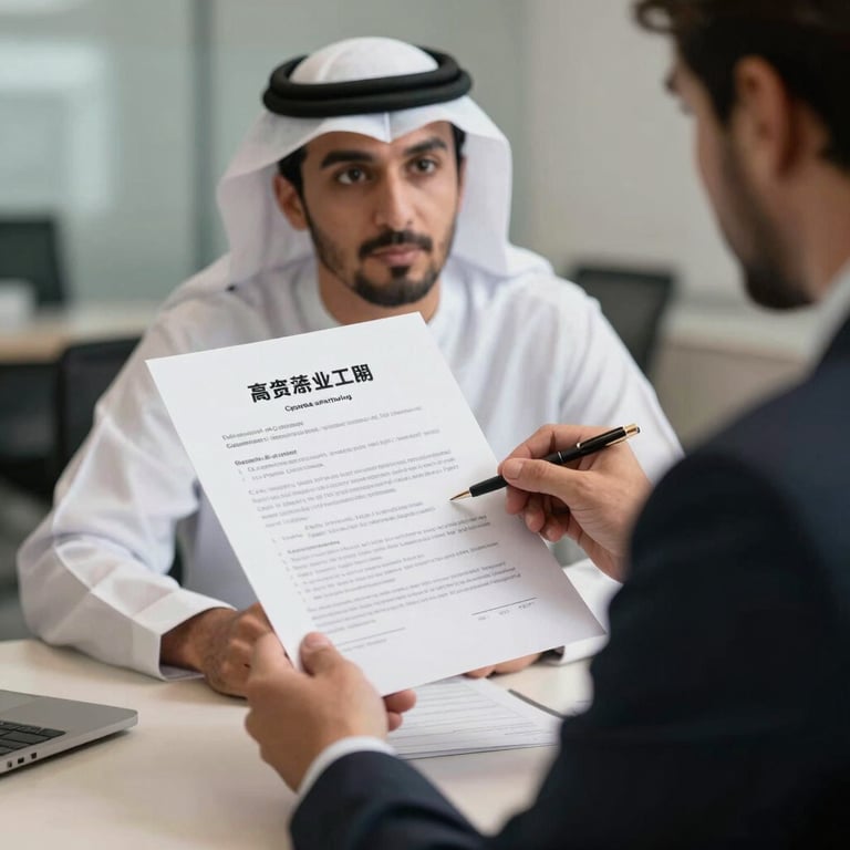 A corporate legal advisor presenting documentation to an investor, symbolizing trade licensing and corporate structuring services in a European and Gulf Cooperation Council (GCC) business environment.