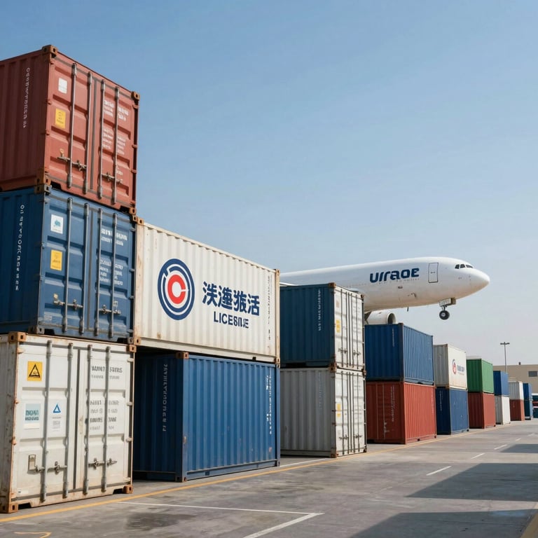 A vibrant logistic hub in the UAE with modern shipping containers and a cargo plane in the background, symbolizing trade licensing and market entry. Clear blue sky, bright natural lighting, highly professional photography.