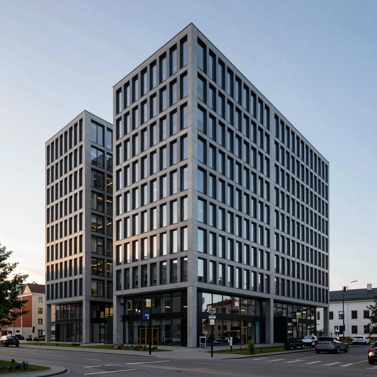 Sleek, modern minimalist architecture of a business center in Tallinn, Estonia, under a crisp morning sky. Professional real-estate photography capturing European efficiency.