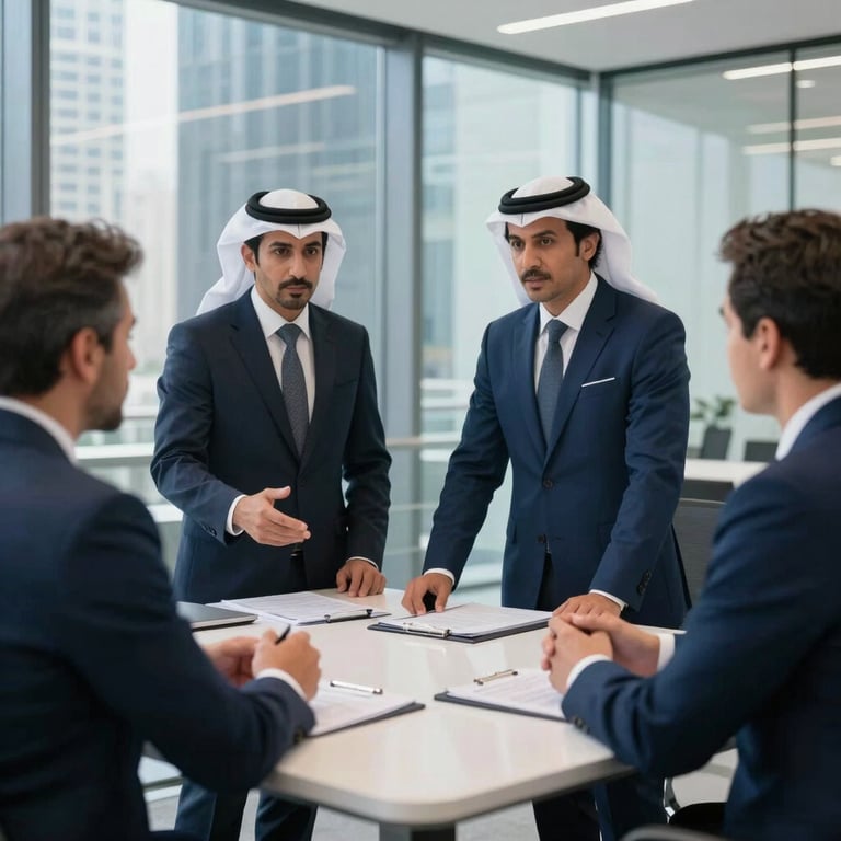 A professional business meeting in a modern glass office in Dubai, showcasing corporate executives representing European and Gulf Cooperation Council (GCC) business relationships discussing expansion strategies. Soft light, authoritative deep blue suits, clean corporate style.