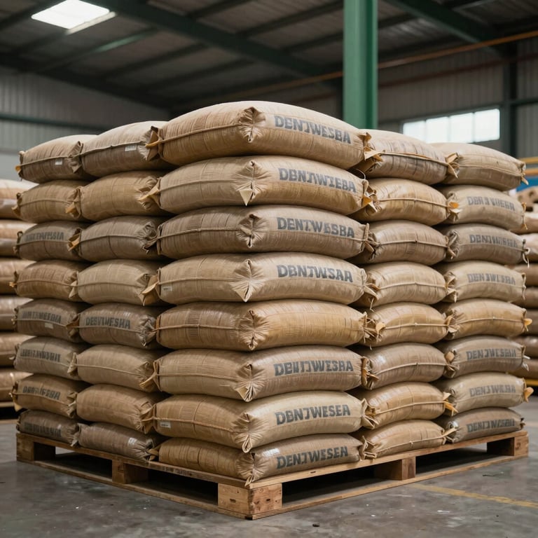 Neatly stacked bulk bags of Indonesian commodities in a large, well-lit warehouse with earth green structural accents.
