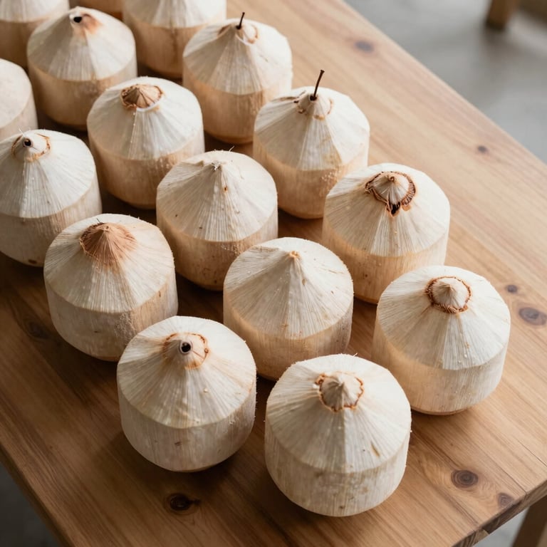 Overhead shot of fresh coconuts being sorted on a clean wooden platform, natural lighting and minimalist style.