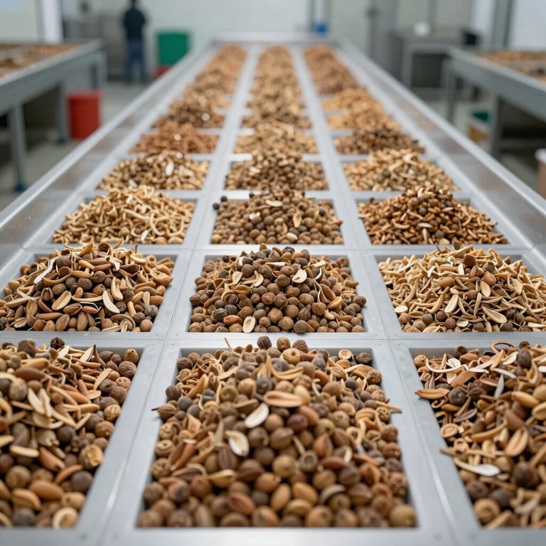 Dried copra kernels neatly arranged in a clean, modern processing facility in West Sumatra, Southeast Asian context.