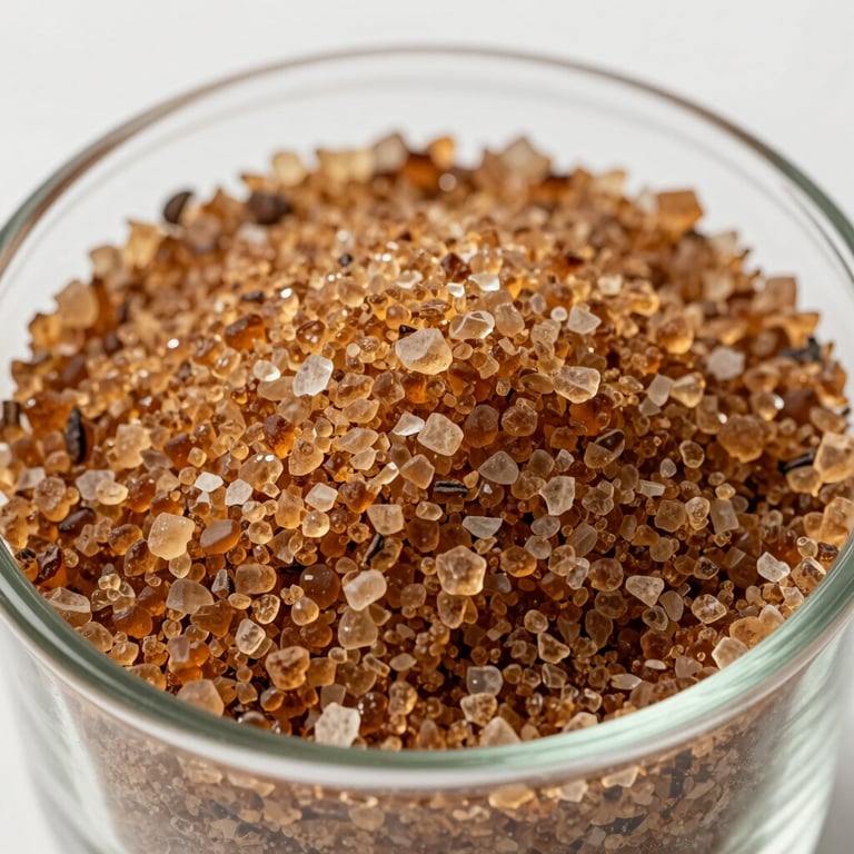 Finely granulated coconut sugar in a glass vessel, highlighting its rich brown color and high-grade quality.