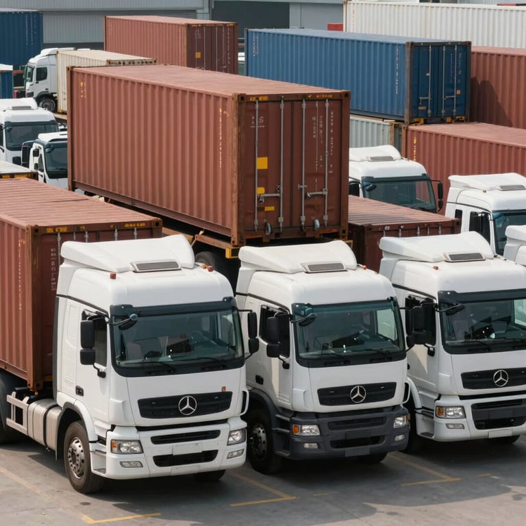 A fleet of logistics trucks being loaded at a warehouse, representing the successful 14-container shipment to global markets.