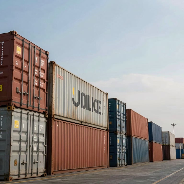 A row of shipping containers at a busy Indonesian port under a soft blue sky, symbolizing global trade reach.