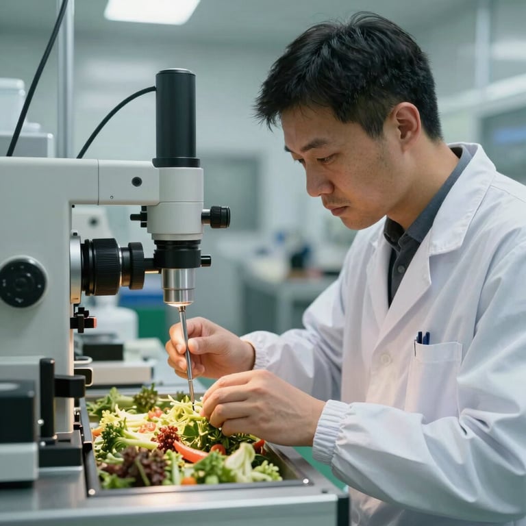 Professional quality control specialist in a clean facility inspecting agricultural products with precision tools.