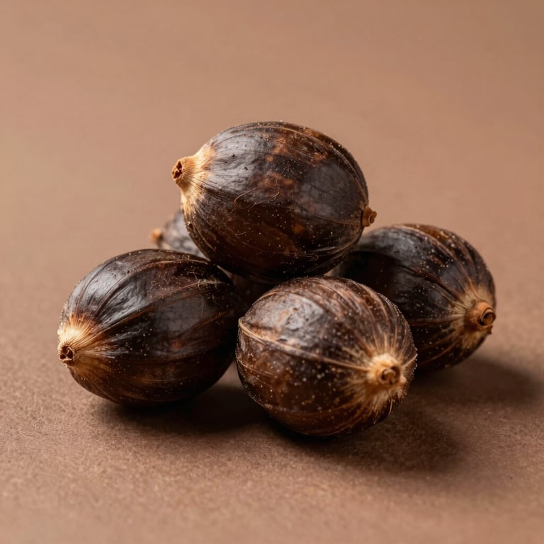 A premium close-up of high-quality betel nuts showing uniform size and texture, placed on a minimalist soft brown background.