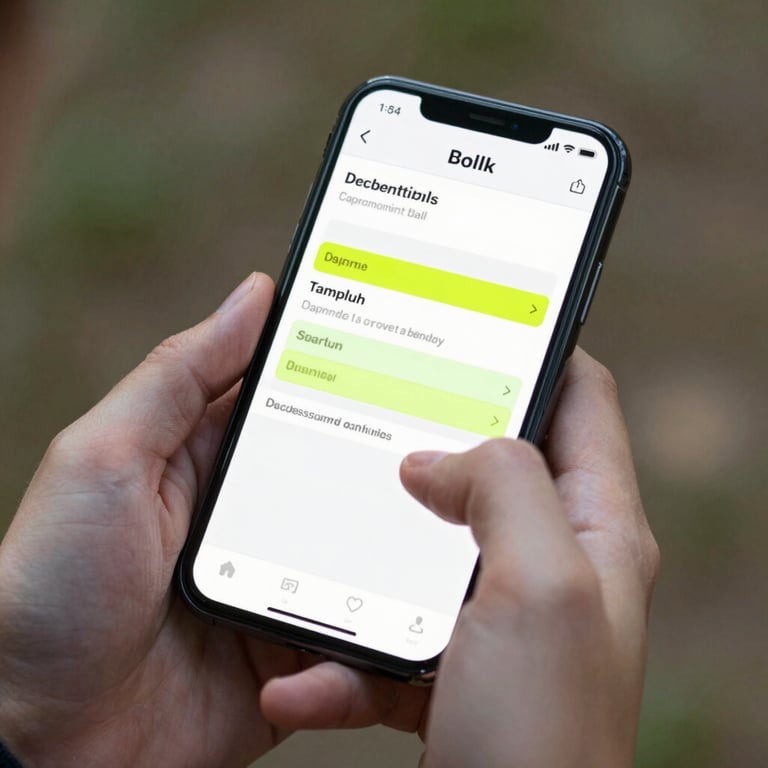 Close-up of hands holding a smartphone showing a clean utility bill with a yellow-green discount highlight, natural outdoor lighting