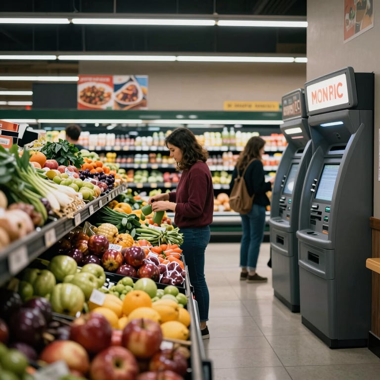 A busy North American grocery store with fresh produce displays and an ATM accessible to shoppers.
