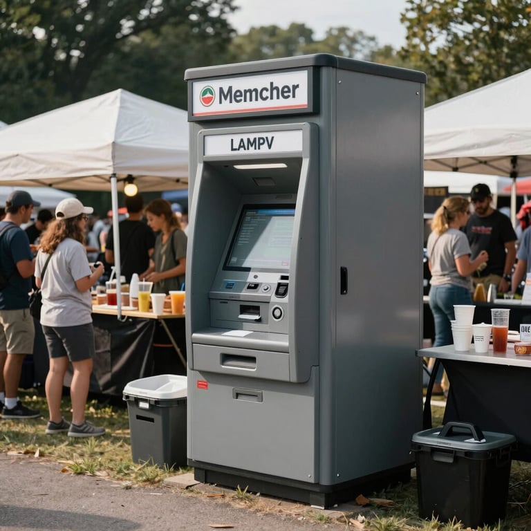 An outdoor North American community festival with a mobile ATM unit set up near food vendors and a crowd.