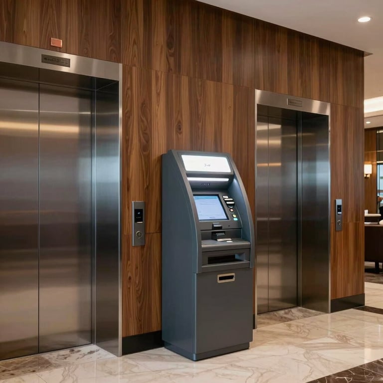 A high-end North American hotel lobby with a modern ATM discreetly placed near the wood-paneled elevators.