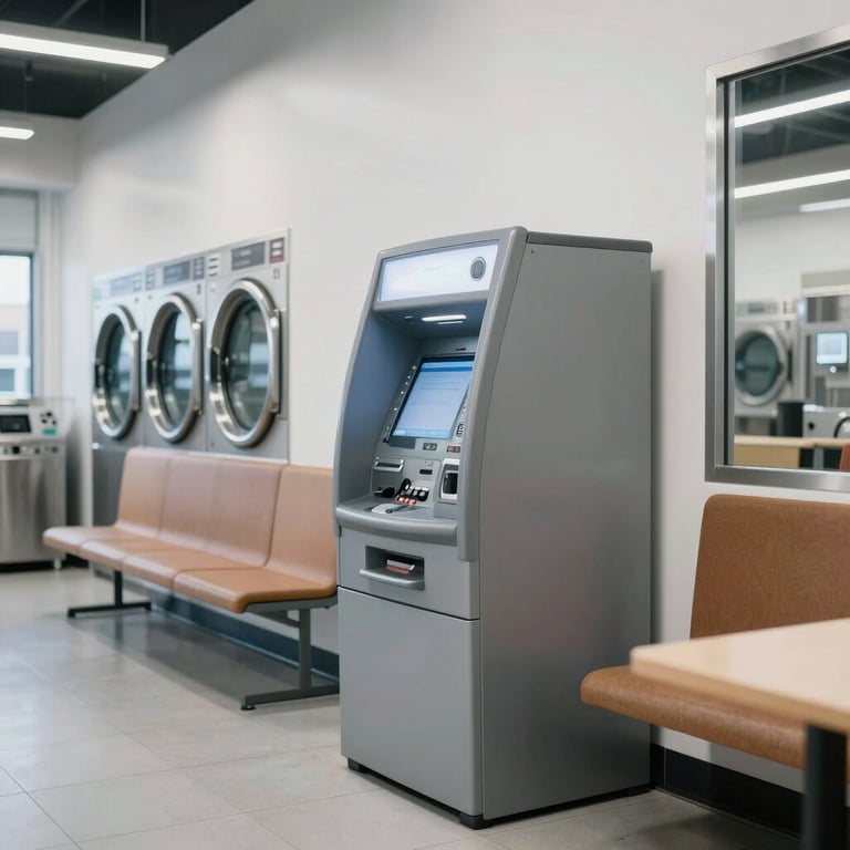 A bright and modern North American laundry facility with a silver ATM machine and clean seating areas.