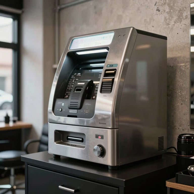 A trendy North American tattoo parlor with industrial decor and a sleek silver cash machine.